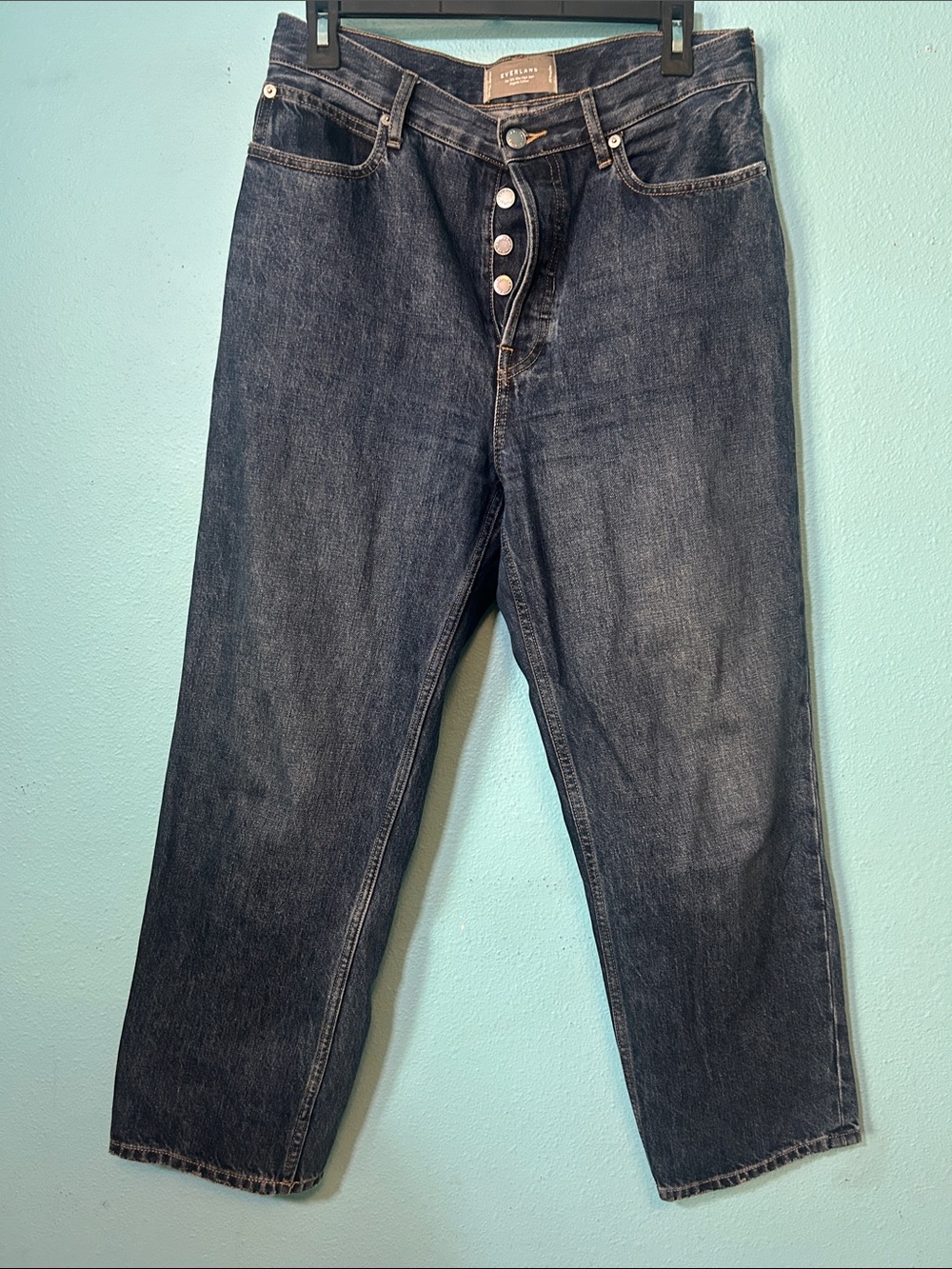 Everlane Women’s Button Fly Straight-Leg Dark Blue Denim Jeans